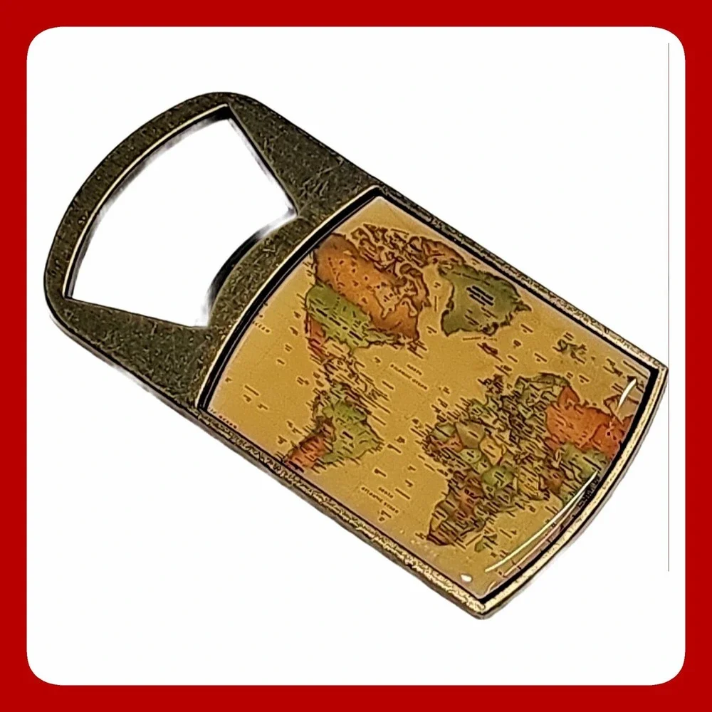 Brass World Map Handheld Bottle Opener Antique Gold Metal Vintage Bar Tool EUC